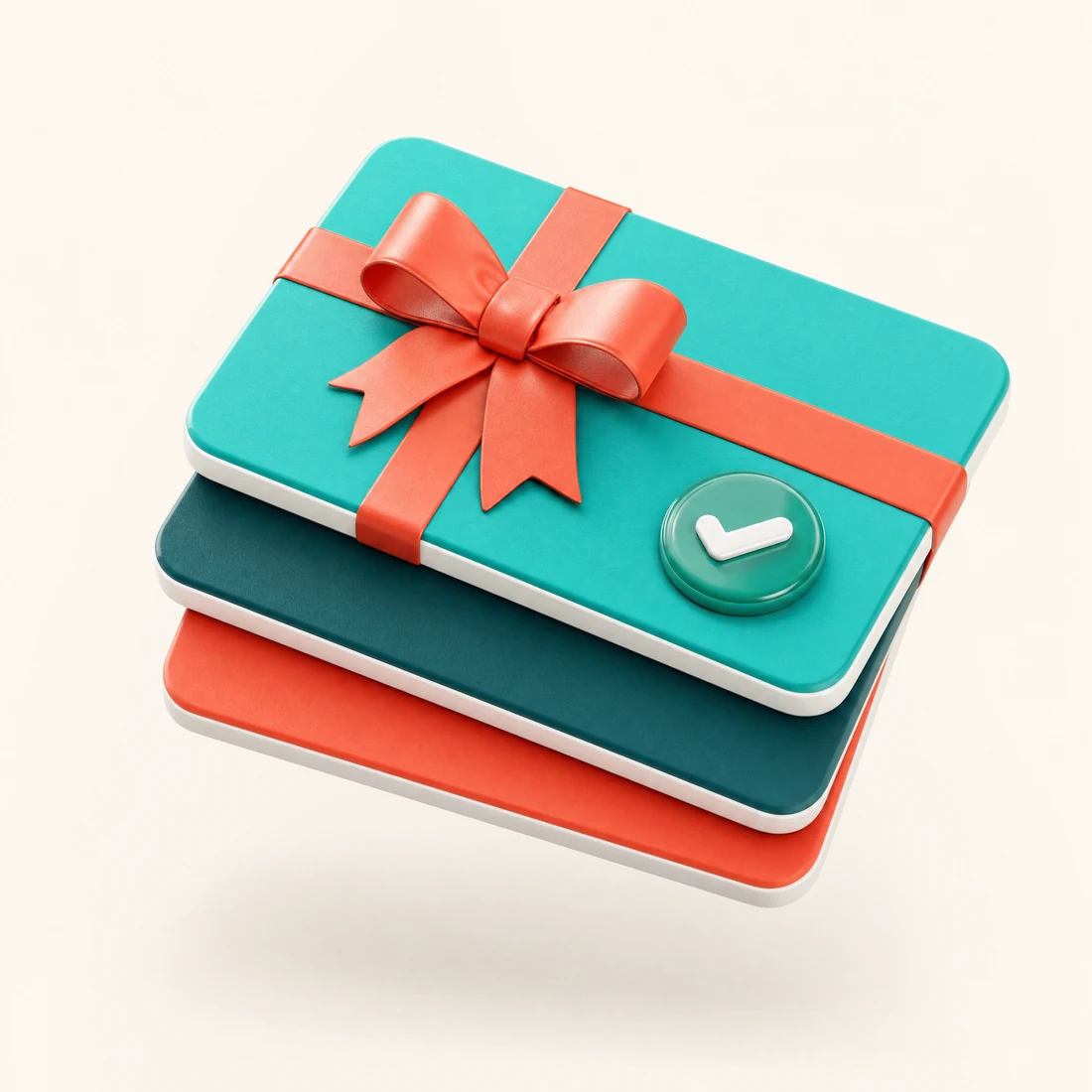3D-рендер знака Giftcard Store: стопка карт с бантиком и зелёной галочкой